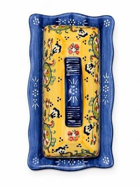 Hand Painted Ceramic Butter Dish Tray Yellow Blue Floral Mediterranean 6.5”
